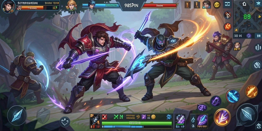 Tampilan menarik dari gameplay 98SPIN dengan aksi MOBA yang intens.