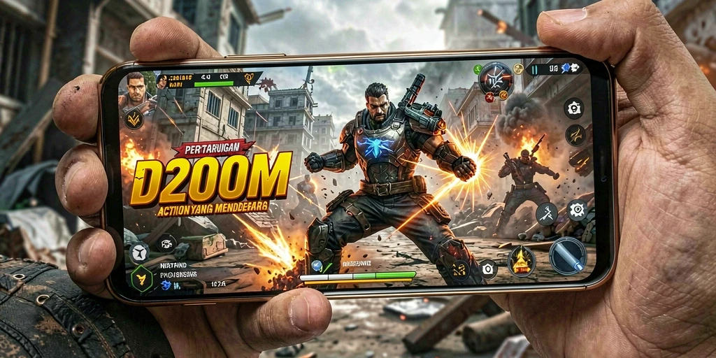 Gameplay D200M menampilkan pertarungan aksi yang intens dan mendebarkan.